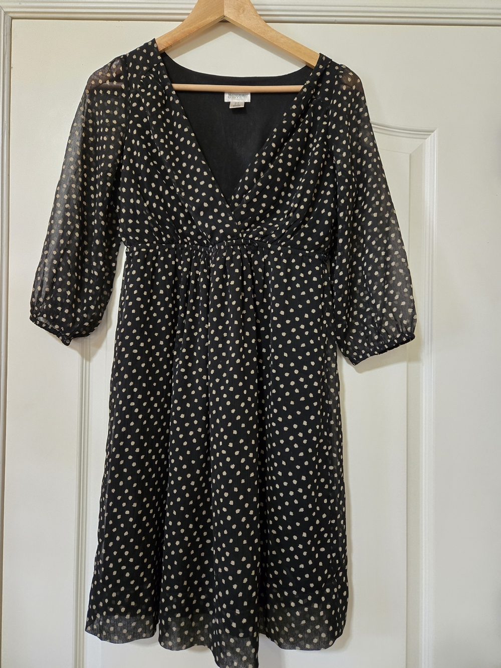 Motherhood Black Midi Dress with Taupe Polka Dot Print Elegant Fall Drapey